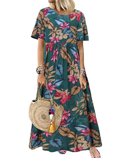 Bomotoo Ladies Casual Long Dress Kaftan Hawaiian Maxi Dresses Holiday Baggy Crew Neck Sundress