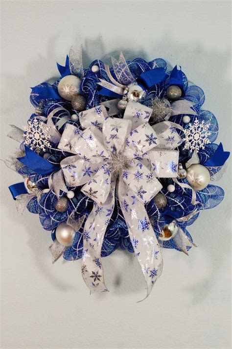 Winterchristmas Blue And Silver Deco Mesh Wreath Etsy Deco Mesh