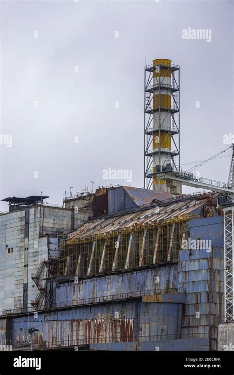 Old steel and concrete sarcophagus of reactor No 4 of Chernobyl Nuclear ...