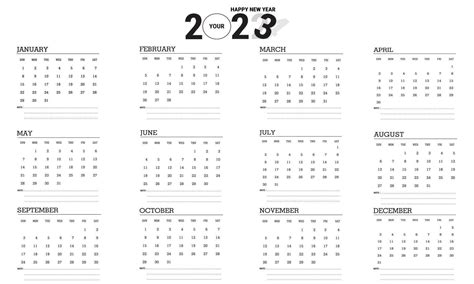 Vector Illustration Of 2023 Calendar Year Black And White Calendar