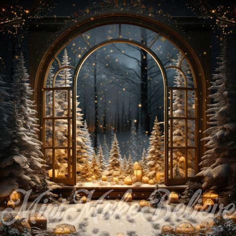 Kate Winter Christmas Tree Backdrop Window Snow Night For Photography