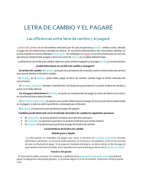 Letra De Cambio Y El Pagaré Pdf Pagaré Dinero