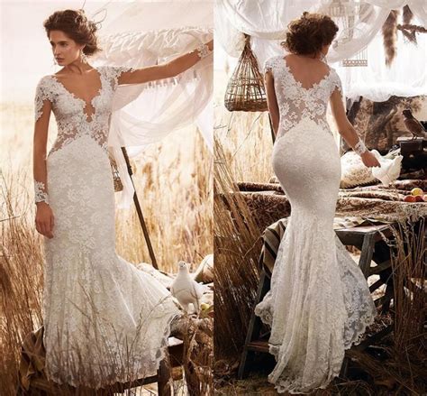 Elegant Country Beach Long Sleeves Wedding Dresses 2016 V Neck Full