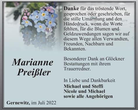 Traueranzeigen von Marianne Preißler trauer in thueringen de