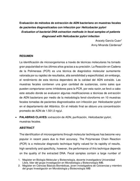 PDF Evaluación de métodos de extracción de ADN bacteriano en muestras