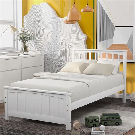 Anbazar Twin Size White Platform Bed Frame With Wood Slats Twin Size