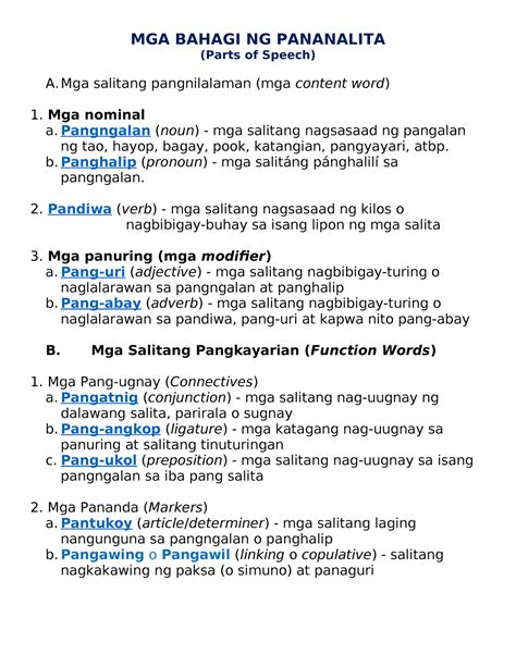 Mga Bahagi Ng Pananalita Parts Of Speech Nbkomputer