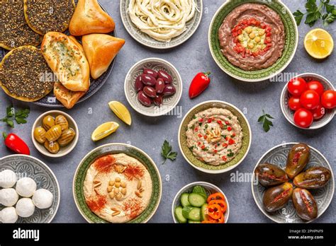 Middle Eastern Arabic Traditional Breakfast With Hummus Foul Mutabbal Makdous And Zaatar