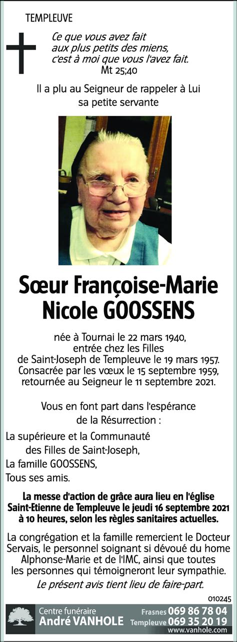 Avis de décès de Soeur Françoise Marie GOOSSENS décédé le 11 09 2021 à