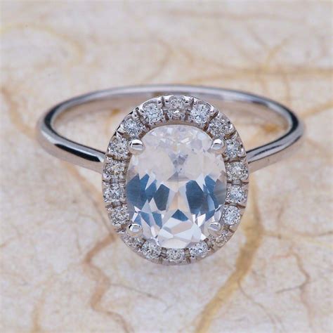 White Topaz Engagement Ring White Gold Topaz Halo Engagement Etsy