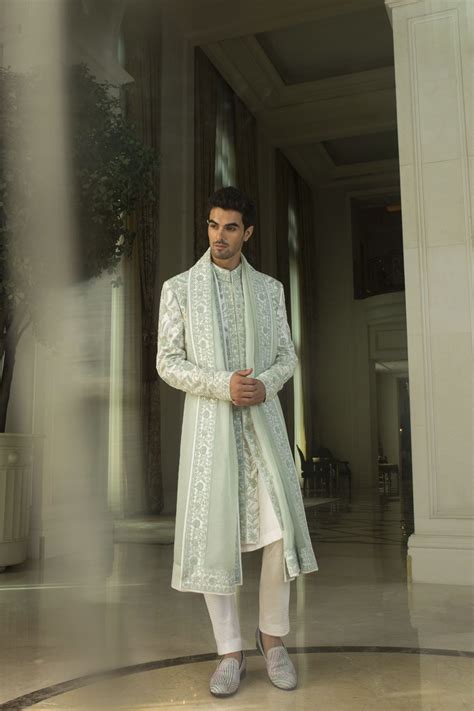 Offwhite Rawsilk Sherwani With Mint Green Embroidery Manish Malhotra