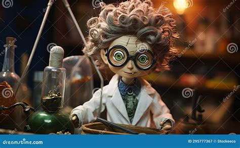 Mad Scientist Doll With Glasses And Lab Coat Close Up Photo Stock