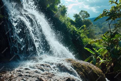 Premium Photo A Large Powerful Waterfall Cascades Down Amidst Lush