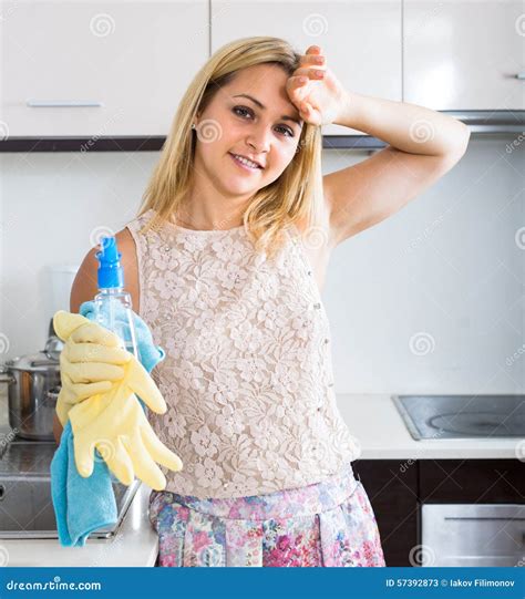 Woman Wiping Sweat From Forehead Stock Image Image Of Household