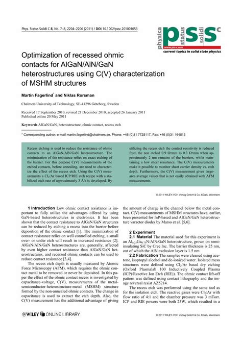 PDF Optimization Of Recessed Ohmic Contacts For AlGaN AlN GaN