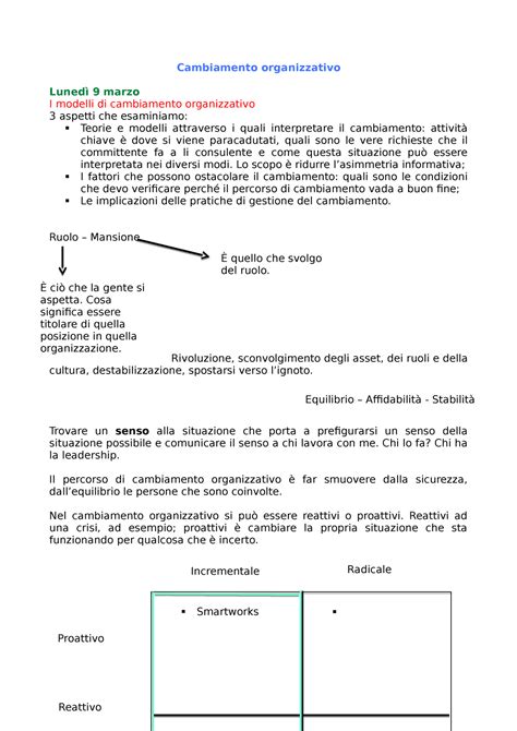 Appunti Di Tutte Le Lezioni Del Corso Di Cambiamento Organizzativo A A