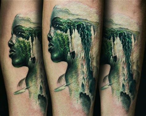 Illustrative Style Colored Forearm Tattoo Of Man Portrait Stylized With Waterfall Tattooimages