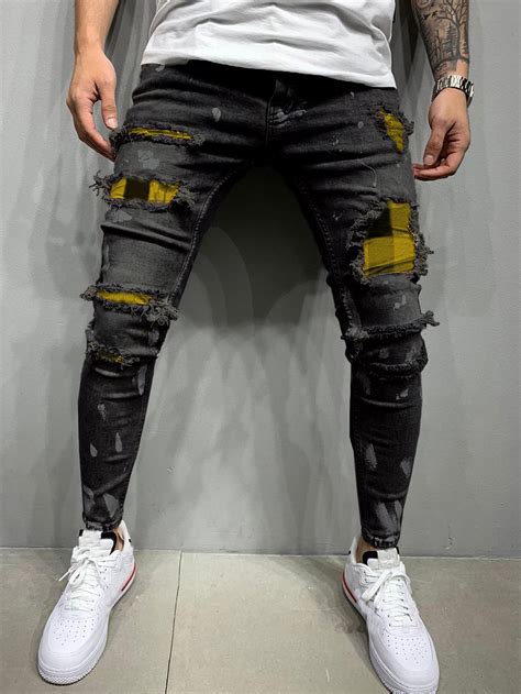 Romwe Guys Cotton Ripped Frayed Rag Stitching Skinny Jeans Shein Usa