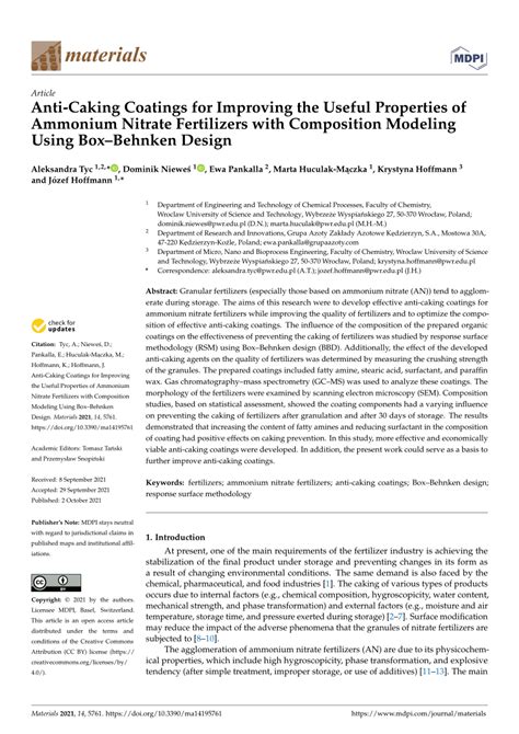 Pdf Anti Caking Coatings For Improving The Useful Properties Of Ammonium Nitrate Fertilizers