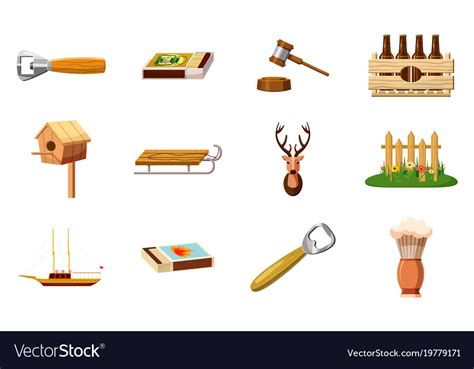 Wood Object Icon Set Cartoon Style Royalty Free Vector Image