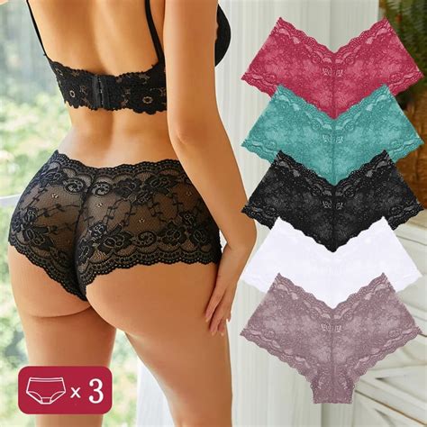 3pcs Women Floral Lace Panties Sexy Perspective Underwear V Waist Solid