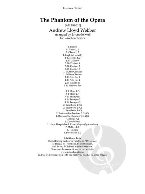 The Phantom Of The Opera De Andrew Lloyd Webber Partitions Pour Orchestre Dinstruments à Vent