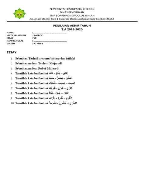 Soal Pat Shorof 2020 Kls 7 2020 Pdf