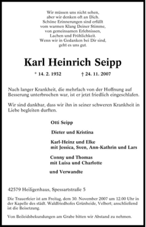 Traueranzeigen Von Karl Heinrich Seipp Trauer In Nrw De