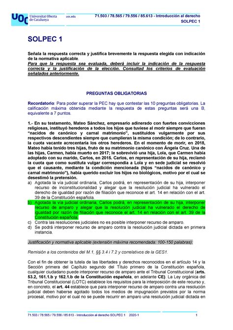 Solucion Pec Intr Derecho Solpec Solpec Se Ala La Respuesta