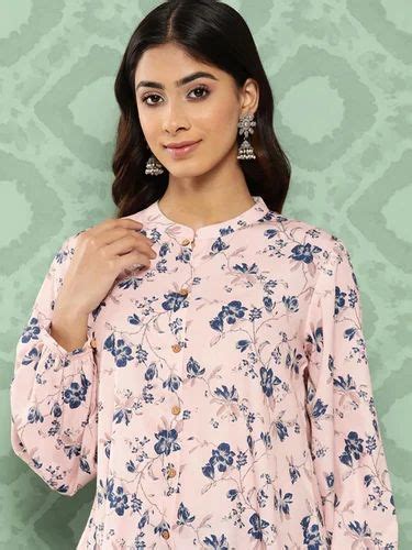 Cotton Light Peach Crepe Digital Printed A Line Top Full Sleeve At Rs