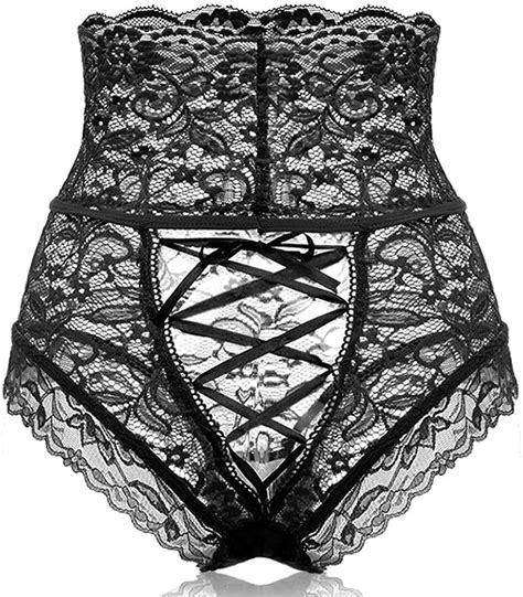 Womens Crotchless Briefs Sexy Lingerie Hollow Lace High Waisted Tied