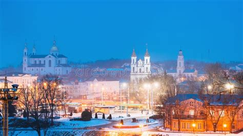 Vitebsk, Belarus. Famous Landmarks in Winter Night Cityscape. Stock ...