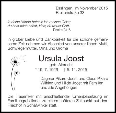 Traueranzeigen Von Ursula Joost Zeit Des Gedenkens De