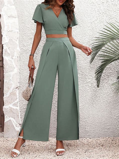 Shein Lune Solid Crop Top And Split Thigh Wide Leg Trousers Shein Uk