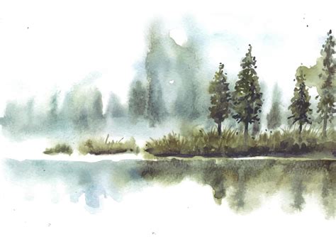 Reflection Of Beautiful Pine Trees In Lake Watercolor 13115241 Vector