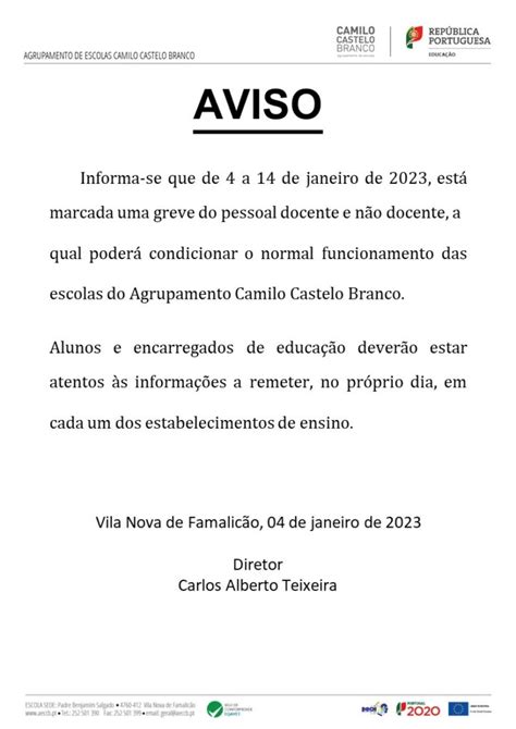 Pr Aviso De Greve Agrupamento De Escolas Camilo Castelo Branco