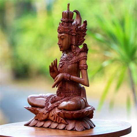 Suar Wood Sculpture of Hindu God Indra from Bali - Indra on Lotus | NOVICA