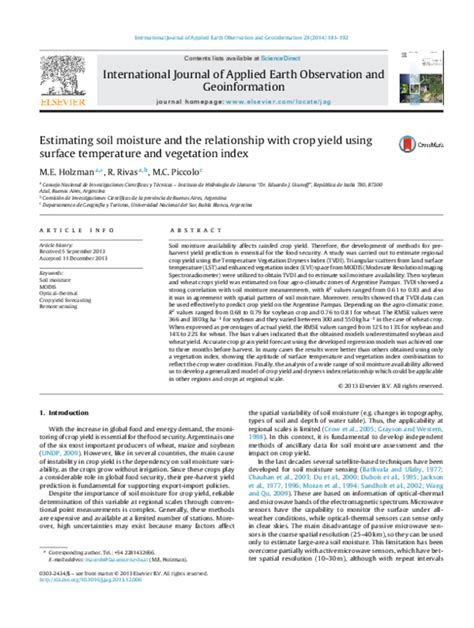 Pdf Estimating Soil Moisture And The Relationship With Crop Yield