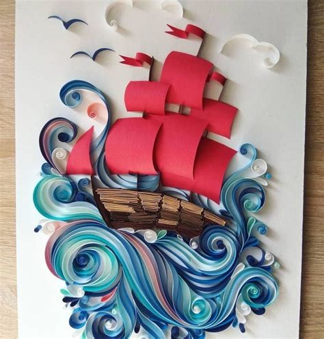 A Card With A Red Sailboat Floating In The Ocean Surrounded By Clouds