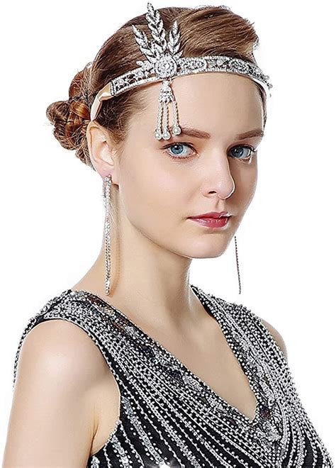 Metme 1920s Flapper Headband Bling Rhinestone Pearl Leaf Wedding