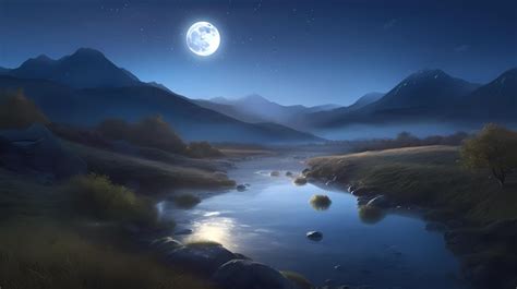 Premium Photo A Full Moon Is Shining Over A Mountain Lake