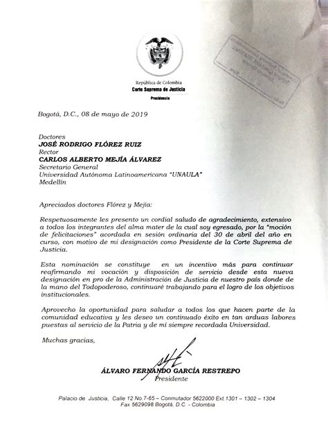 Carta Del Presidente De La Corte Suprema De Justicia Unaula