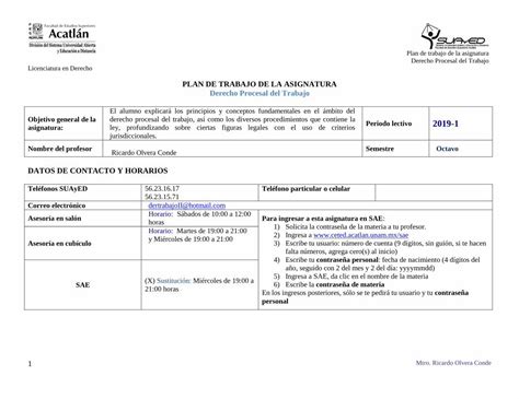 Pdf Plan De Trabajo De La Asignatura Derecho Procesal Del Derecho