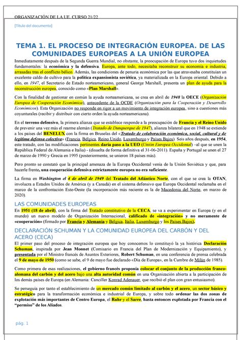 1 El Proceso De Integración Europea De Las Comunidades Europeas A La Unión Europea Título