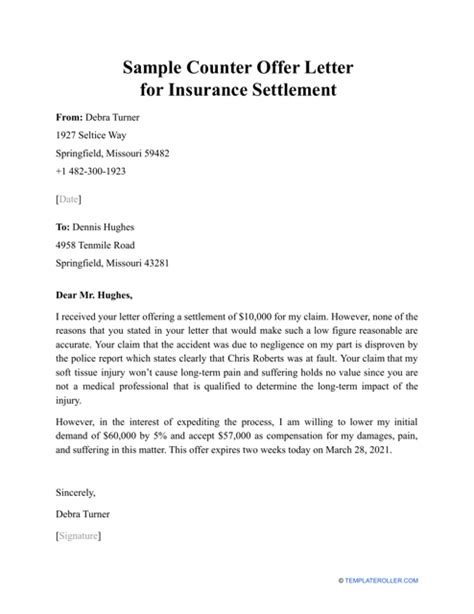 Sample Counter Offer Letter For Insurance Settlement Download Printable