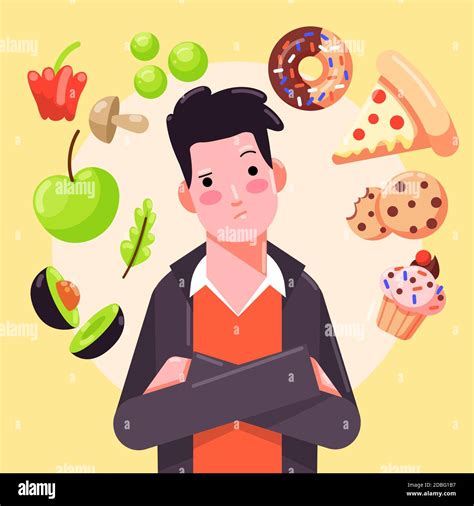 Man Choosing Between Healthy And Unhealthy Food Vector Illustration Stock Vector Image And Art Alamy