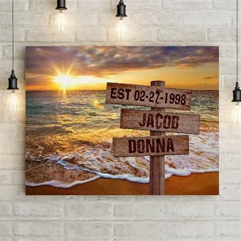 Personalized Beach Sunset Canvas Wall Art With Wooden Custom Name