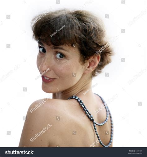 Happy Mature Topless Woman Pearl Necklace Stock Photo Edit Now