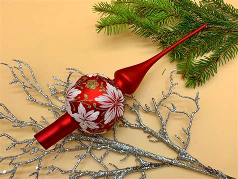 Red Christmas Glass Tree Topper With Flower Finial Top Vintage