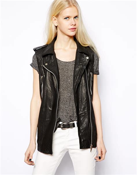 Mango Leather Biker Sleeveless Jacket In Black Lyst